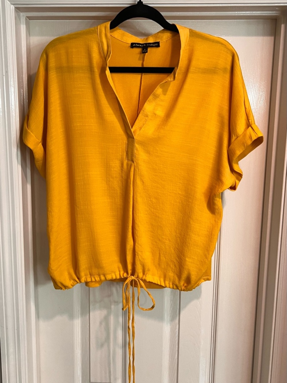 Always Indigo Mustard Yellow V-Neck Drawstring Blouse. Size L